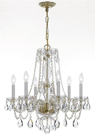6-Light Chandelier, Polished Brass, Clear Hand-Cut Crystals