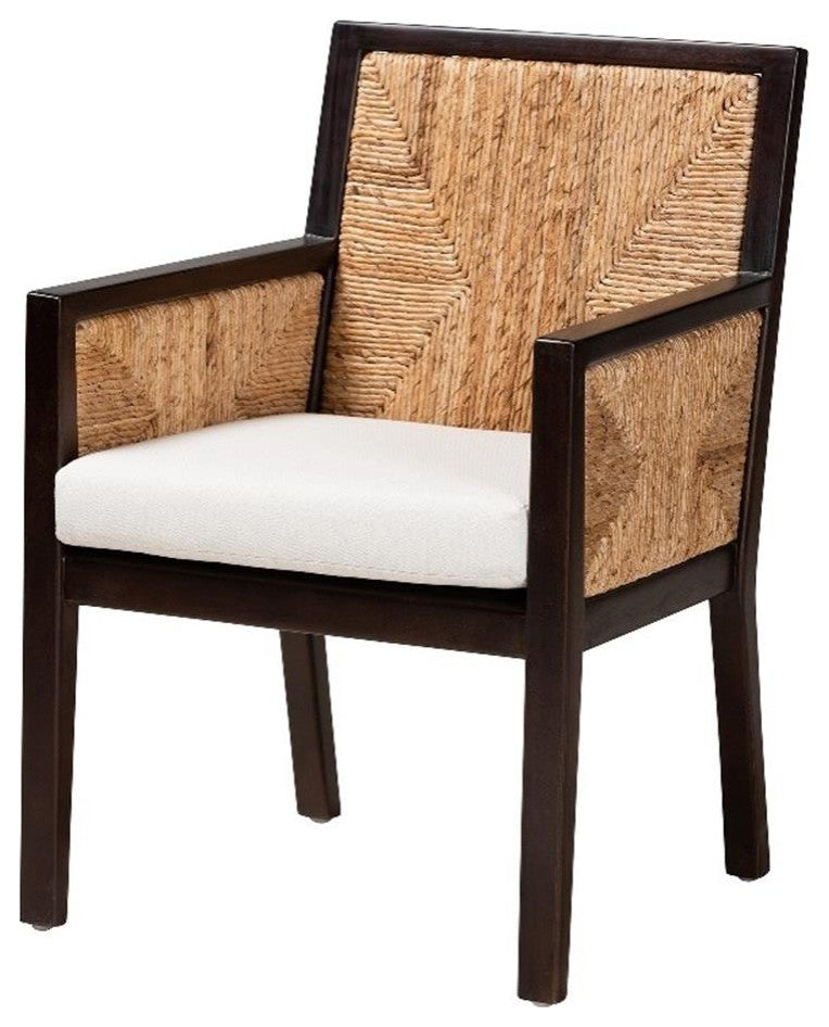 Joana Bohemian Dark Brown Mahogany Wood and Natural Abaca Dining Arm Chair