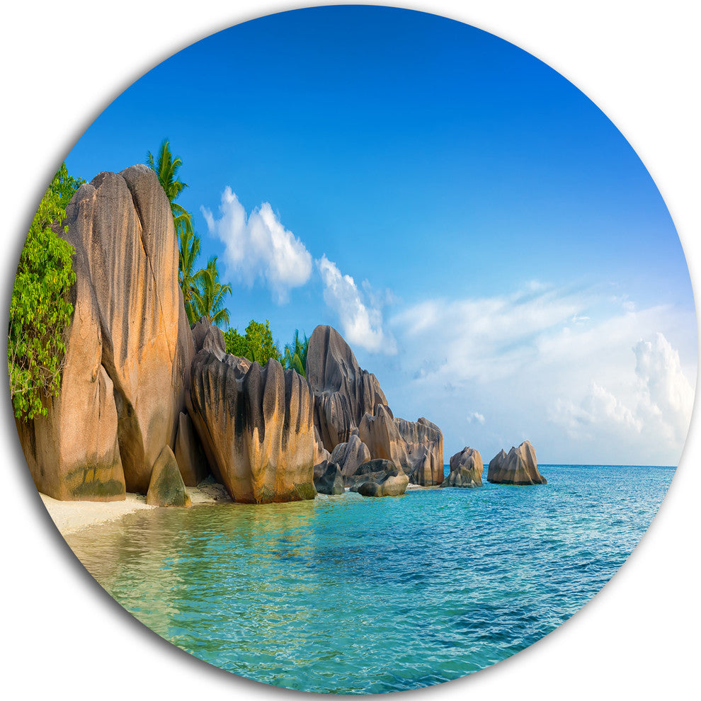 Fantastic Seychelles Seashore, Seascape Round Metal Wall Art, 36"