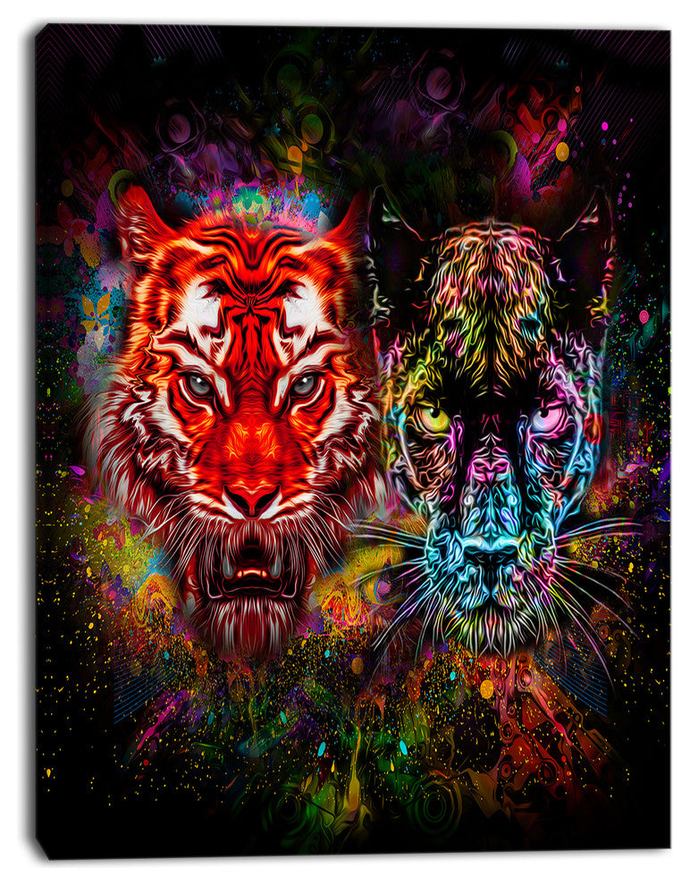 Tiger and Panther with Splashes, Animal Canvas Art Print, 12"x20"