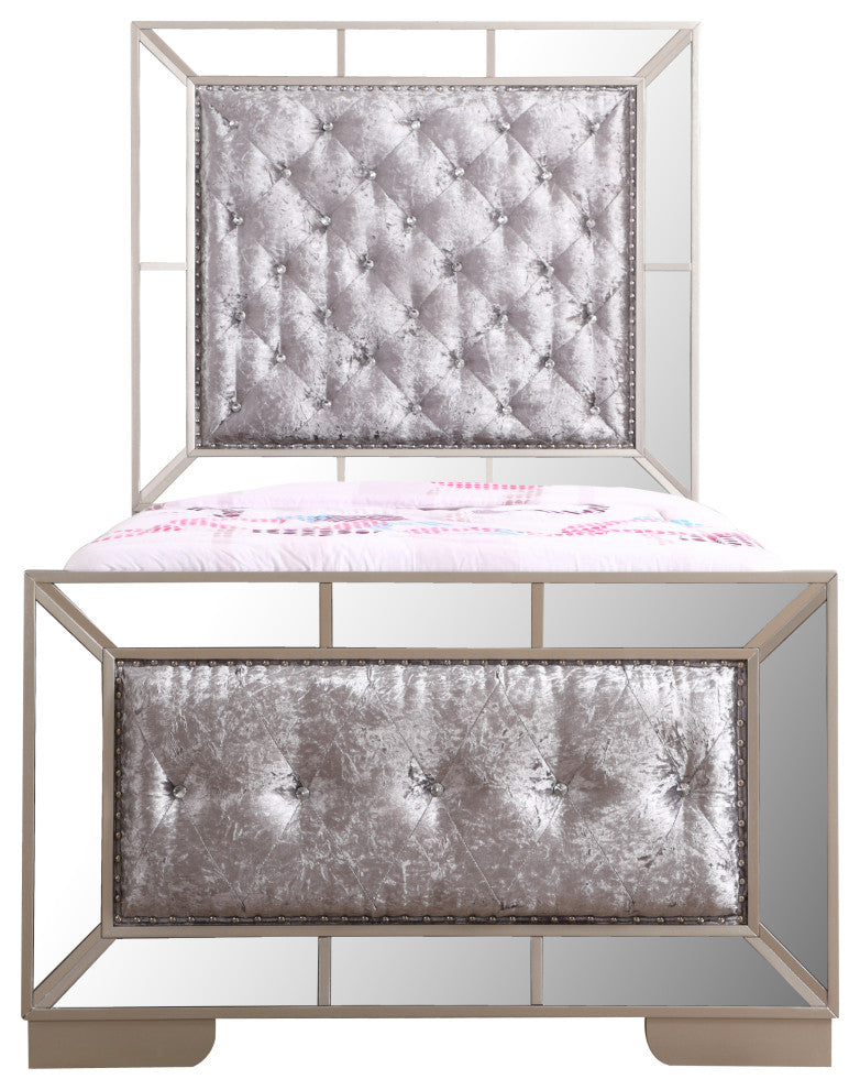 Galera Tufted and Mirrored Bed, Gray, Twin