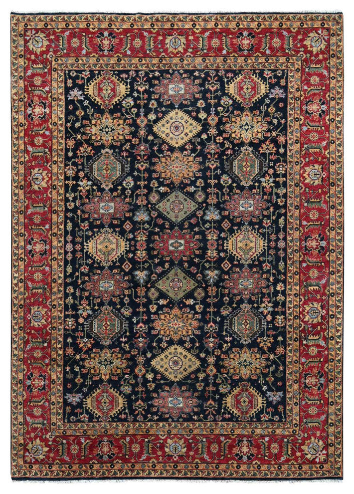 Carbon Black Wool Karajeh With All Over Pattern Hand Knotted Rug, 9'x11'11"