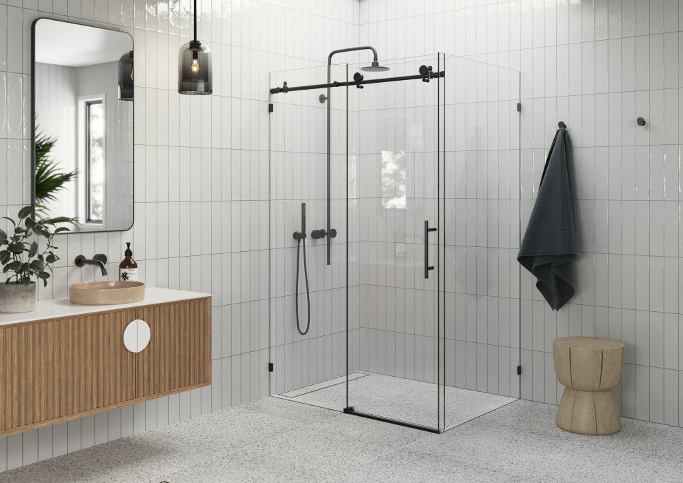 48"-52"x32"x78" Frameless Sliding Shower Door With Return Panel, Matte Black