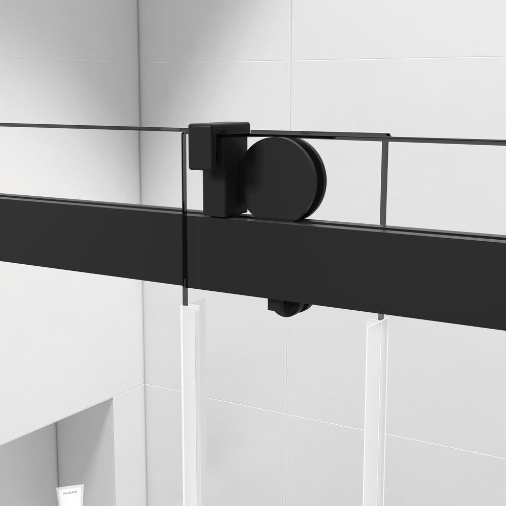 72 in. W x 76 in. H Single Sliding Frameless Shower Door With Buffer, Matte Black