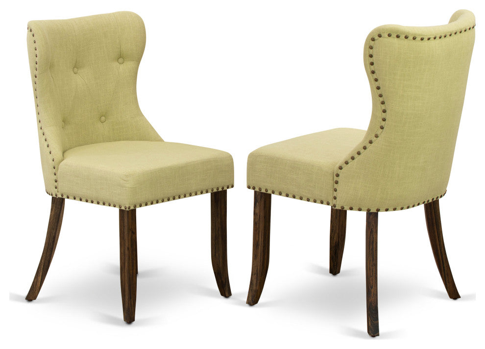 Set Of 2, Upholstered Chair, Distressed Jacobean Wooden Structure, Limelight