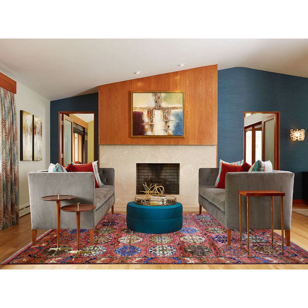 Red Turkeman Ersari with Geometric Design Hand Knotted Pure Wool Rug 8'8"x11'7"