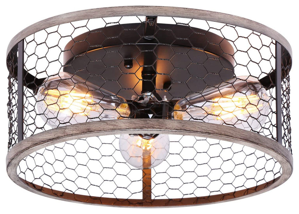 3 Light Rust Ceiling Light Fixture, Industrial Cage, Semi Flush Mount