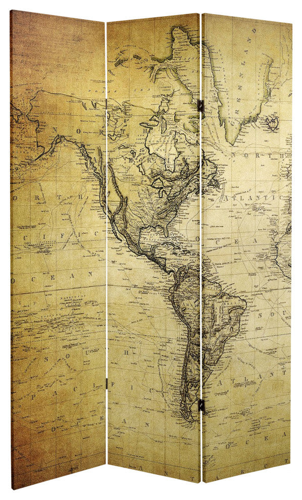 6' Tall Double Sided Vintage World Map Canvas Room Divider