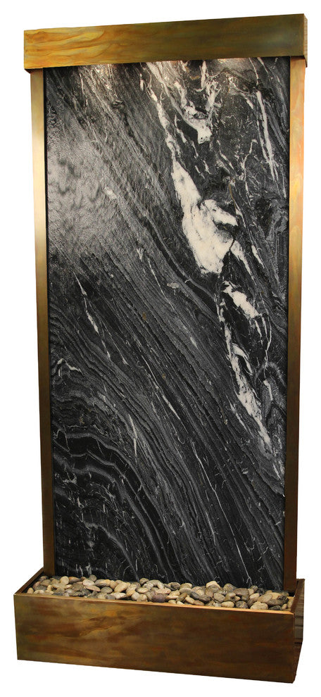 Tranquil River Flush Mount Water Fountain, Black Spider Marble, Rustic Copper