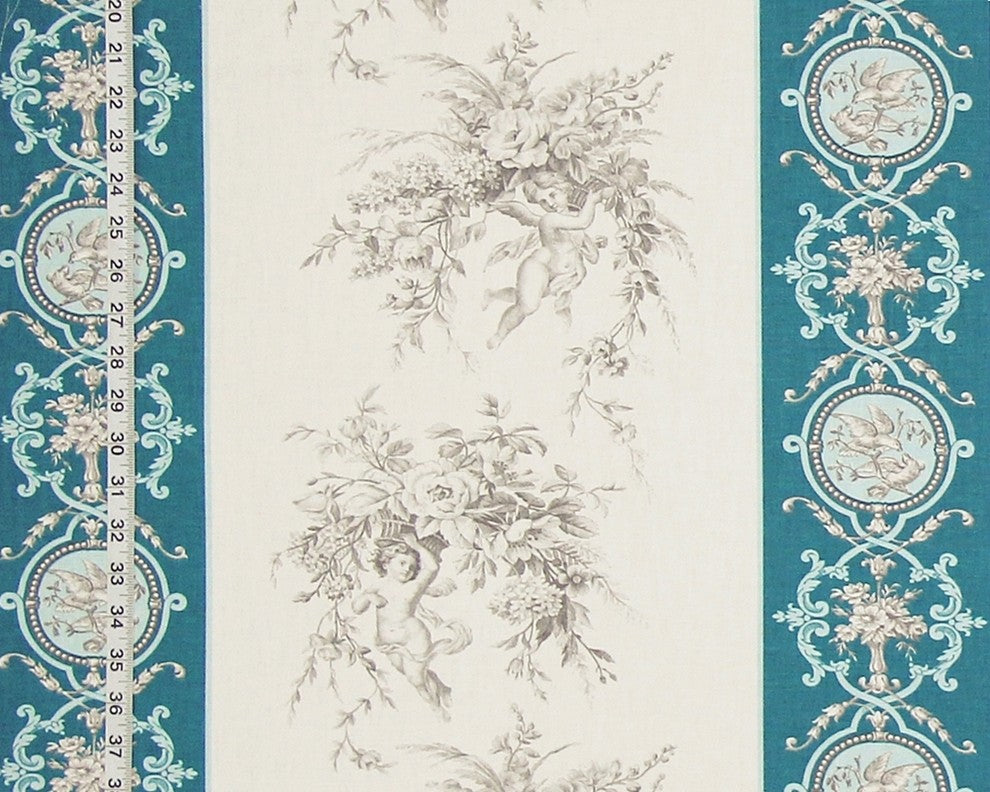 French Angel Toile Fabric Teal Blue Stripe, Standard Cut