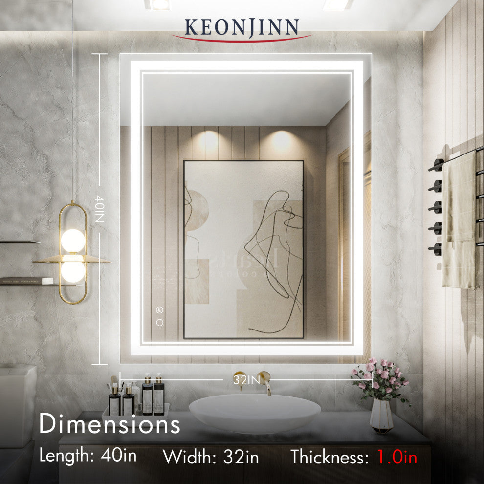 3-Colors LED Bathroom Mirror, Anti-Fog Memory Dimmable, Sliver, 40x32