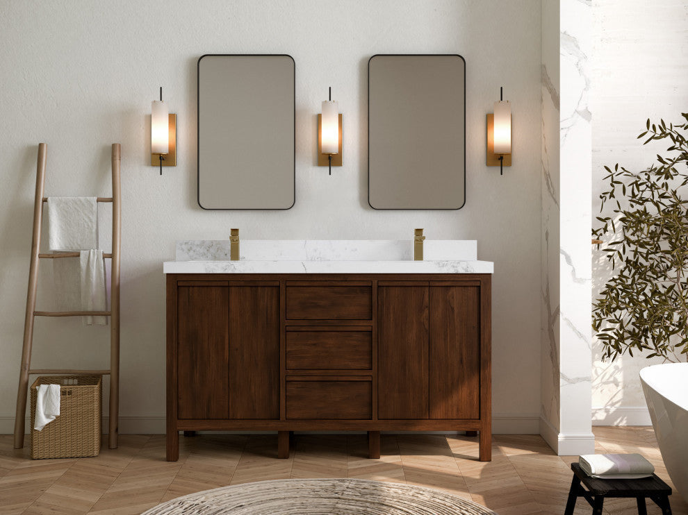 Elizabeth 60 Double Bathroom Vanity in Dark Walnut Teak 2" Calacatta Nuvo
