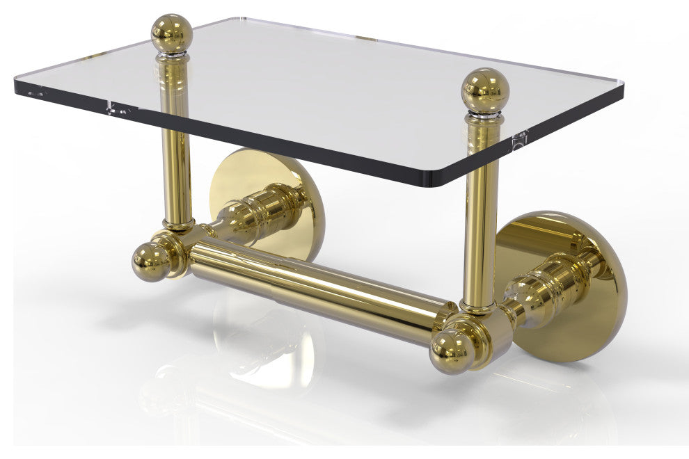 Prestige Skyline 2-Post Toilet Tissue Holder with Glass Shelf, Unlacquered Brass