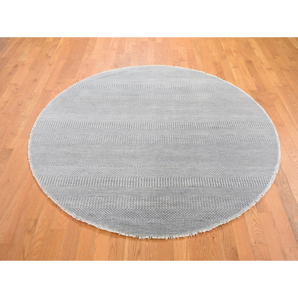 Gray Grass Design Wool and Silk Hand Knotted Round Oriental Rug, 6'0" x 6'0"