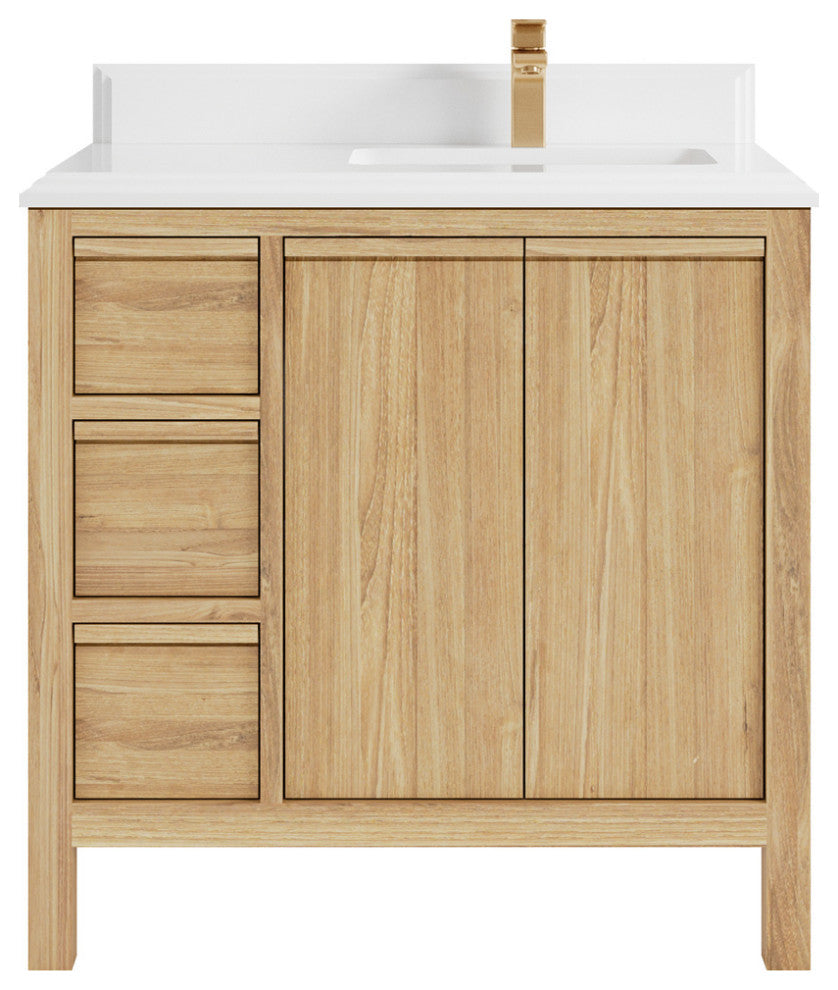 Elizabeth 36 Right Offset Bath Vanity in Light Natural Teak 1.5" White Quartz