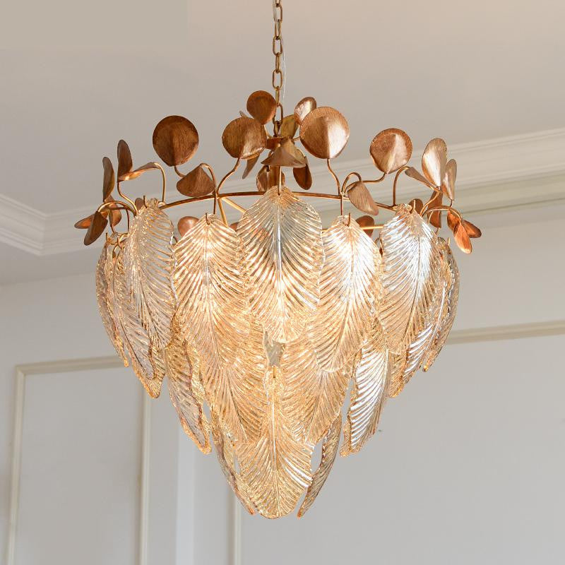 Uster | Glass Leaves Chandelier for Living Room, Cognac