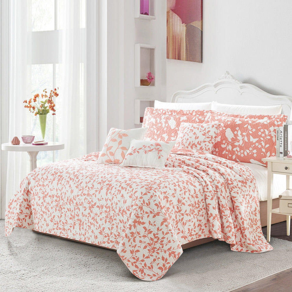 Birdsong 6-Piece Bed Spread Set, Coral, King, 102"x90"