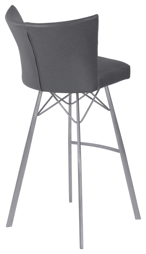 Spago 30" Bar Height Barstool In Gray Faux Leather, Brushed Stainless Steel