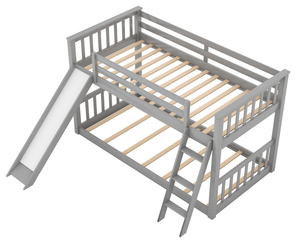 Gewnee Wood Twin Over Twin Bunk Bed with Slide and Ladder in Gray