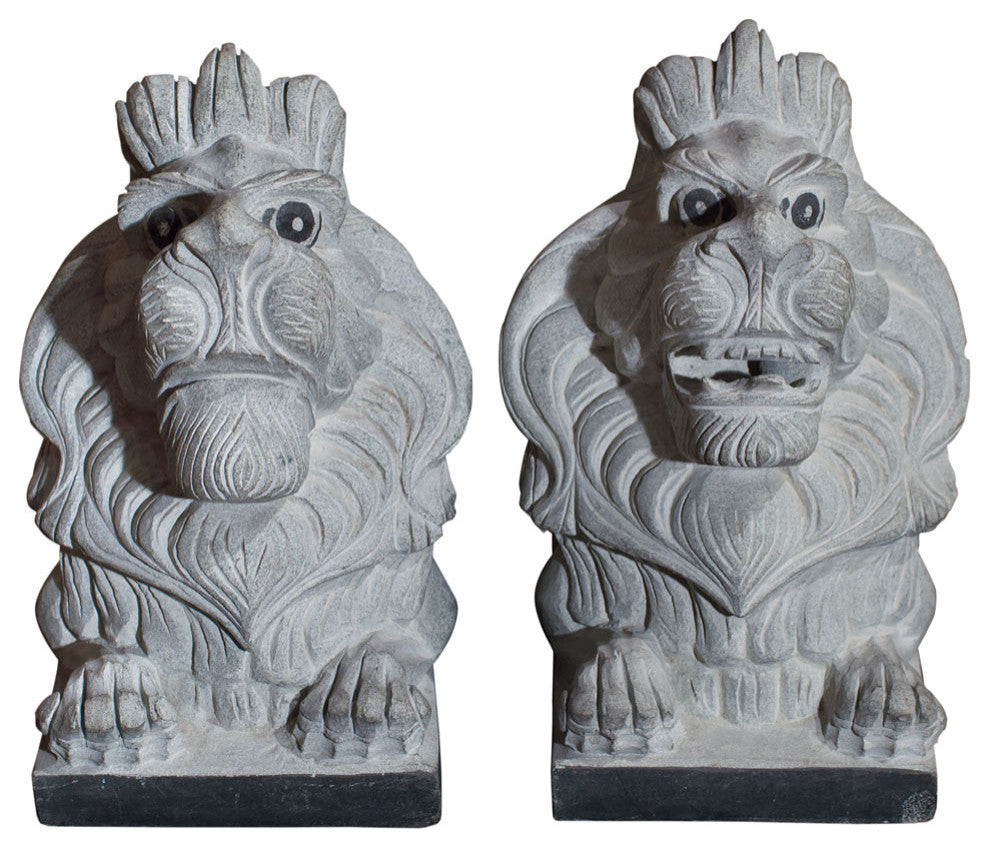 11"Stone Chinese Lion Couchant Statue Set