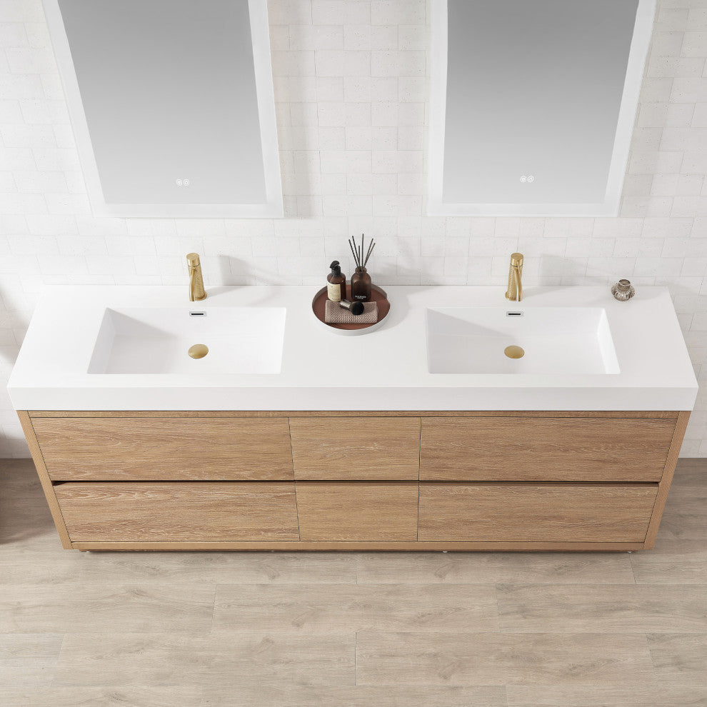 Huesca Bath Vanity, Integrated Sink Top, North American Oak, 84", Without Mirror