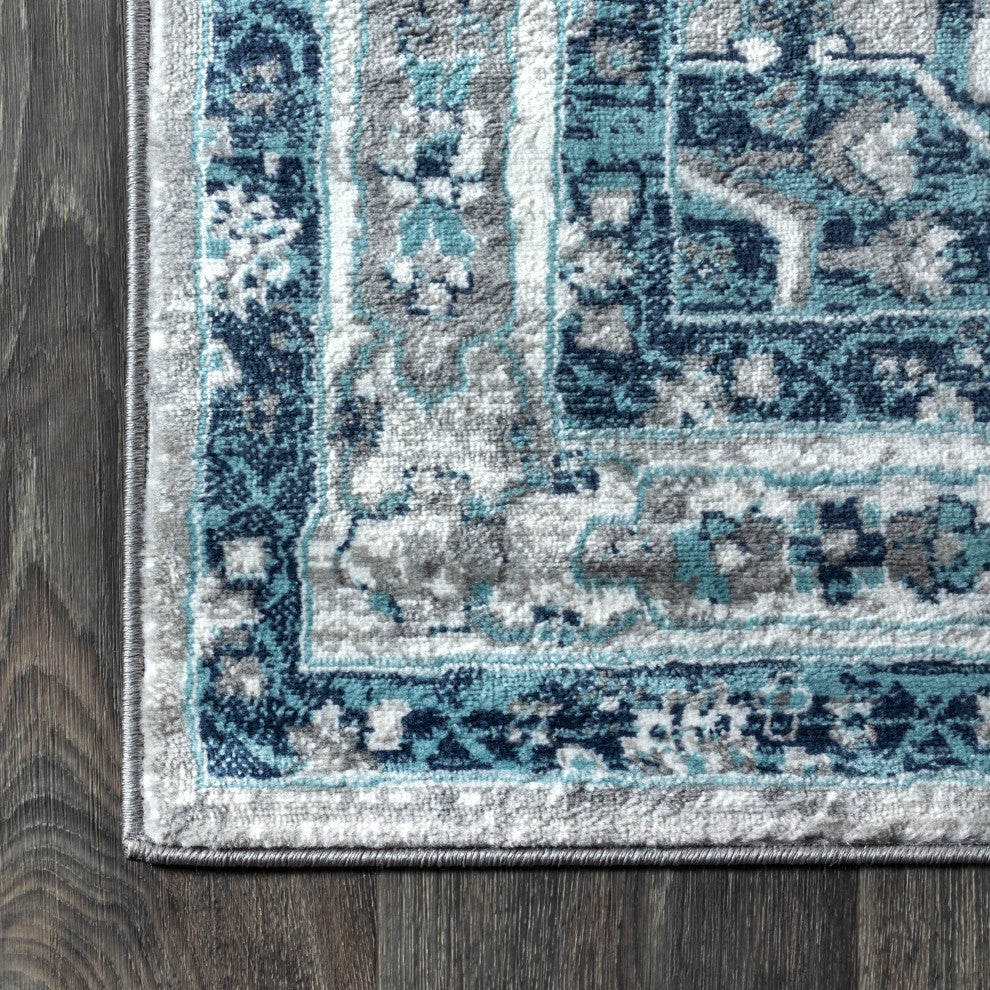Modern Persian Vintage Medallion Light Grey/Blue 2' x 8' Runner Rug
