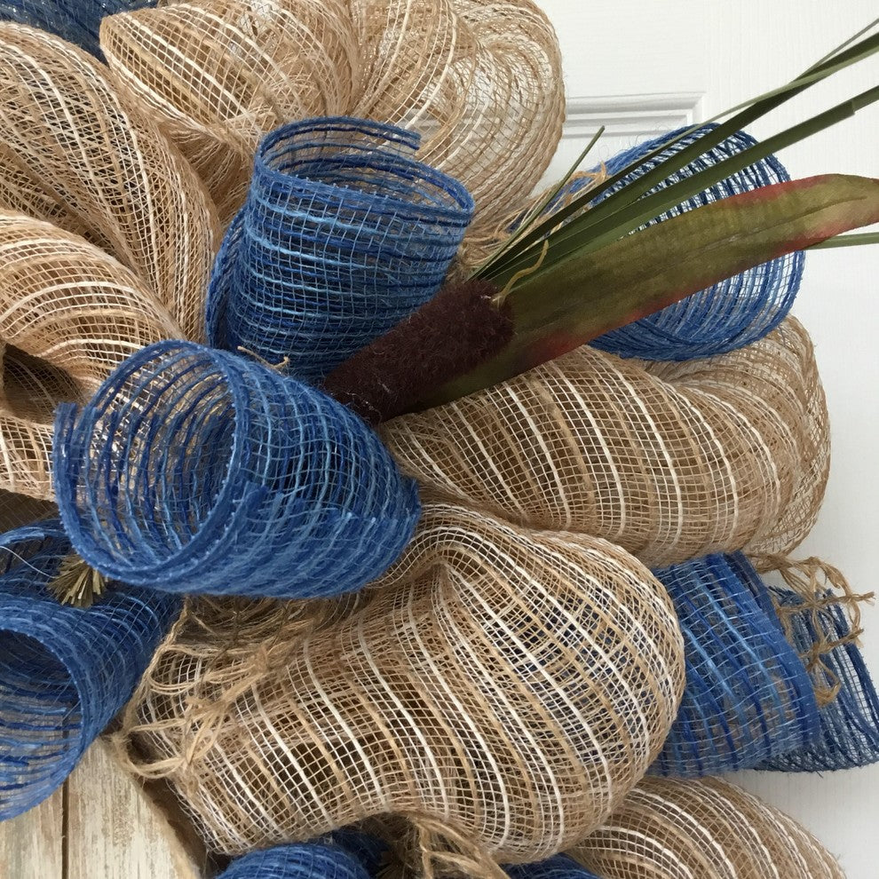 Coastal Autumn Deco Mesh Wreath With Slotted Wood Pumpkin