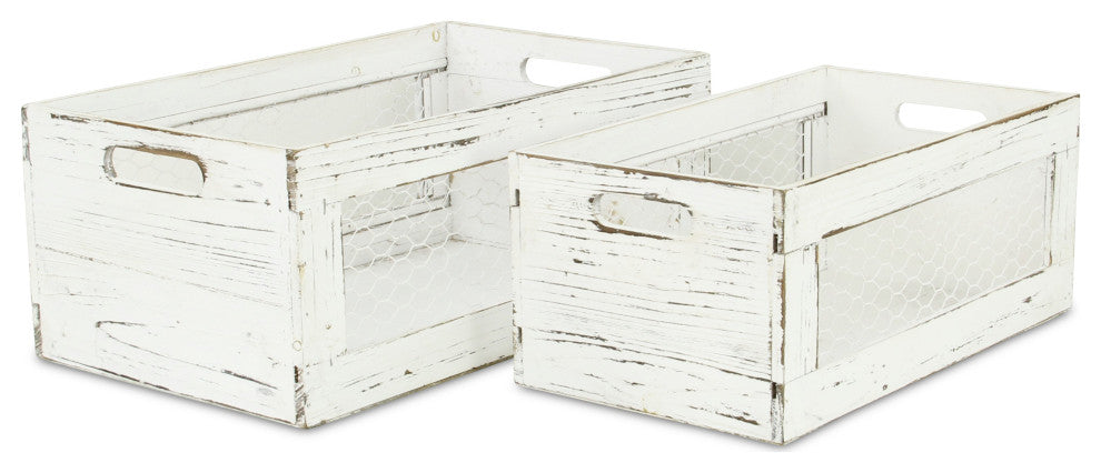 Rustic Chicken Wire Wooden Crates, Set of 2