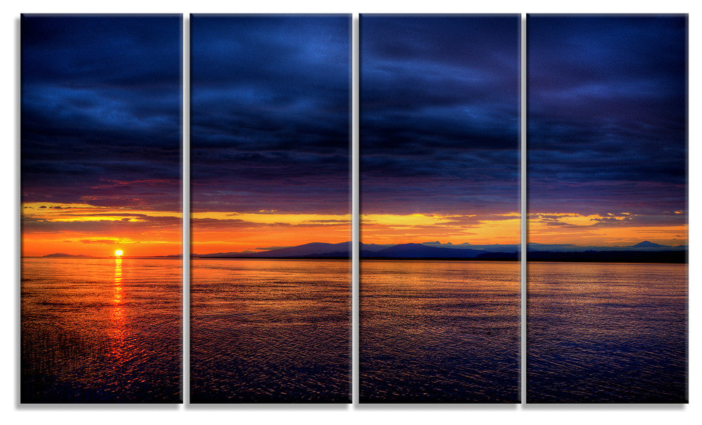 Blue Cloudy Sky and Setting Sun, Seashore Photo Canvas Print, 48"x28", 4 Panels