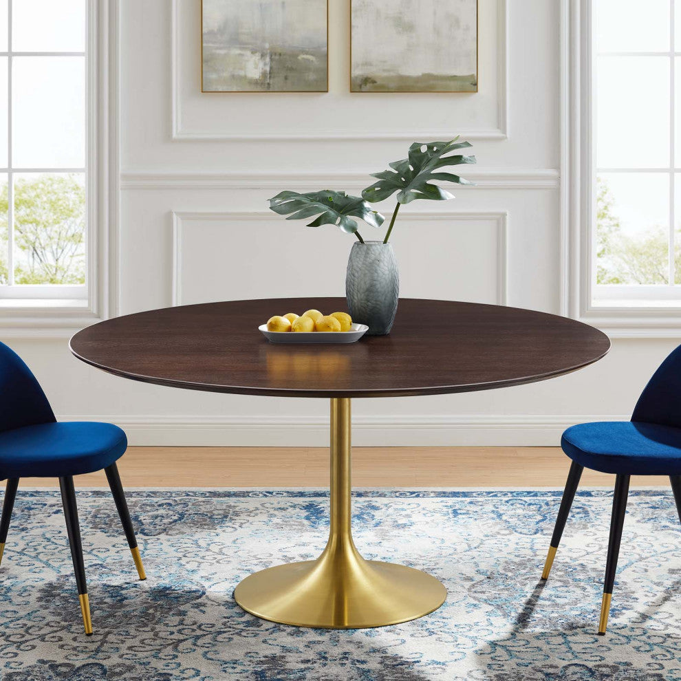 Dining Table, Round, Wood, Gold Dark Brown Brown Walnut, Cafe Bistro Restaurant