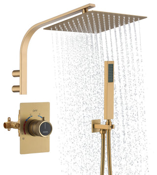 10inch Wall Mounted Rain Shower System With Handheld & Unique Shower Arm, Brushed Gold