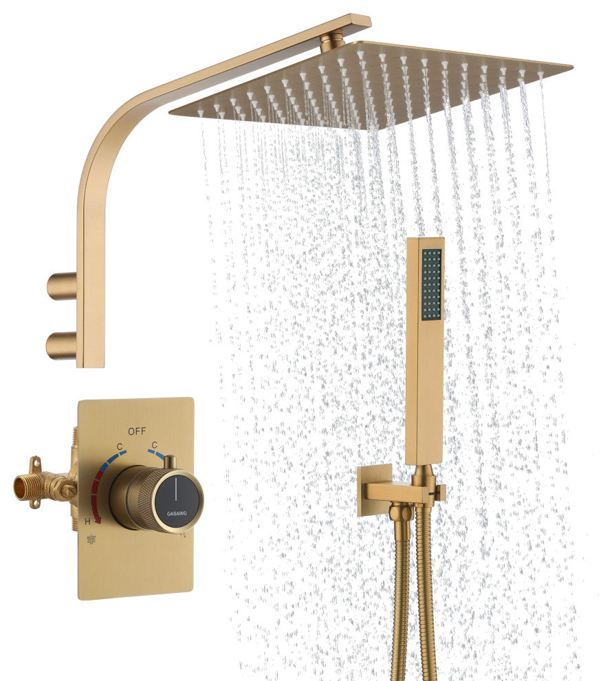 10inch Wall Mounted Rain Shower System With Handheld & Unique Shower Arm, Brushed Gold