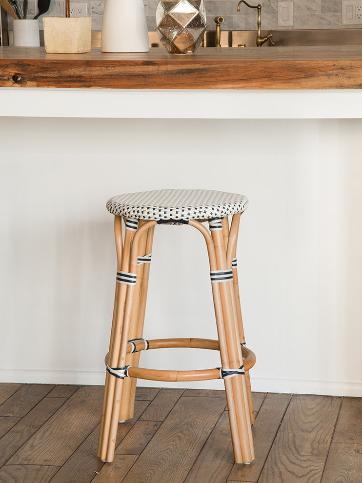 Bistro Backless Rattan Stool, White and Blue, Counter Stool