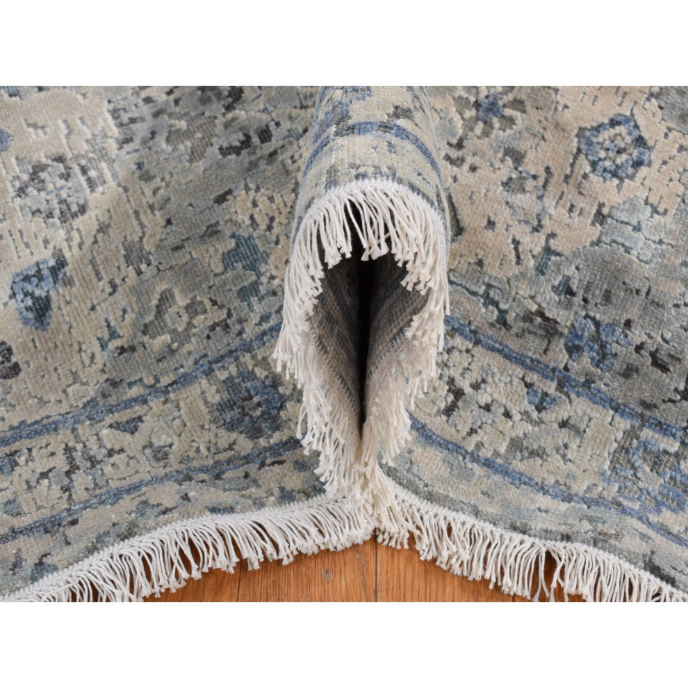 Blue, Hand Knotted, Oushak Design, Pure Silk With Wool Square Rug, 10'2"x10'2"