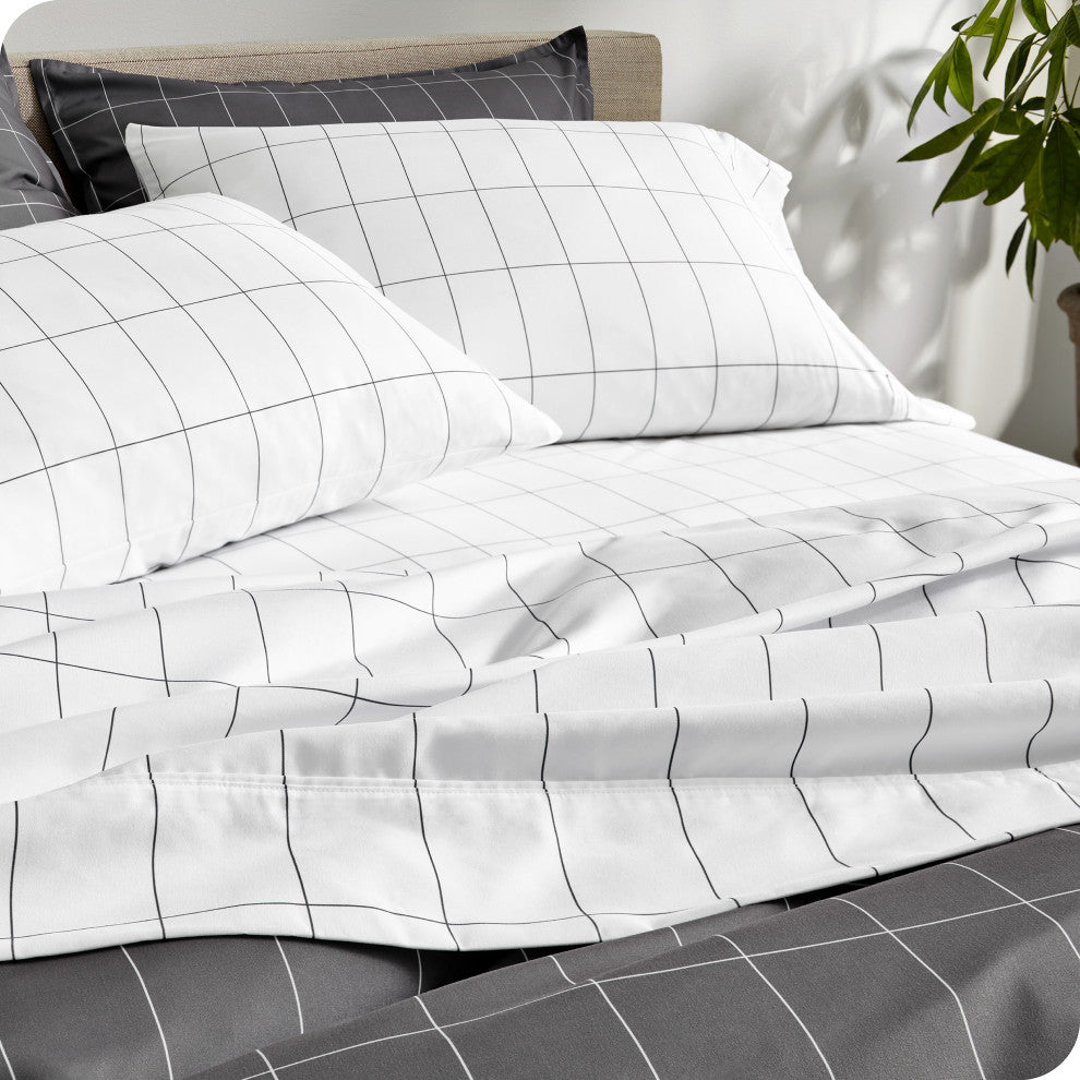 1800 Microfiber Sheet Set, Grid White/Graphite, Cal King