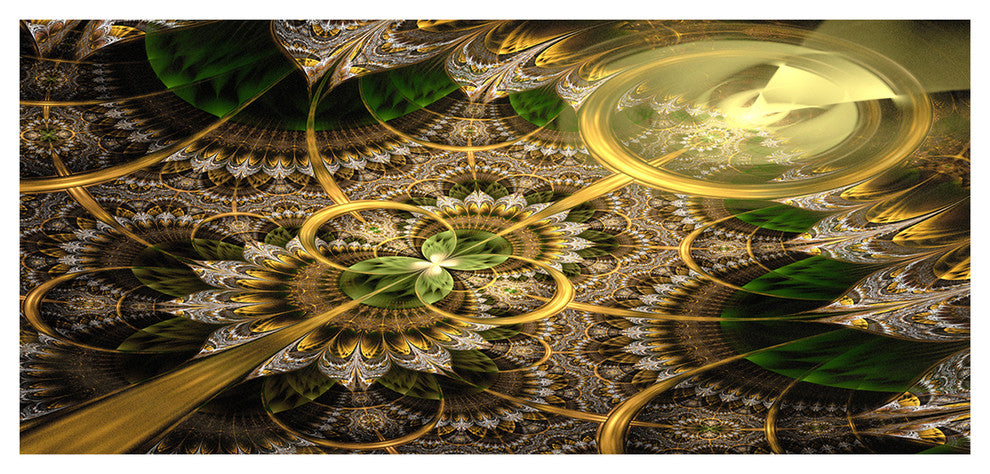 Dark Green and Gold Fractal Flower, Large Floral Canvas Art Print, 60"x28"