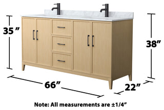 Elan 66" Double Vanity, White Oak, White Carrara Marble Top, Black Trim