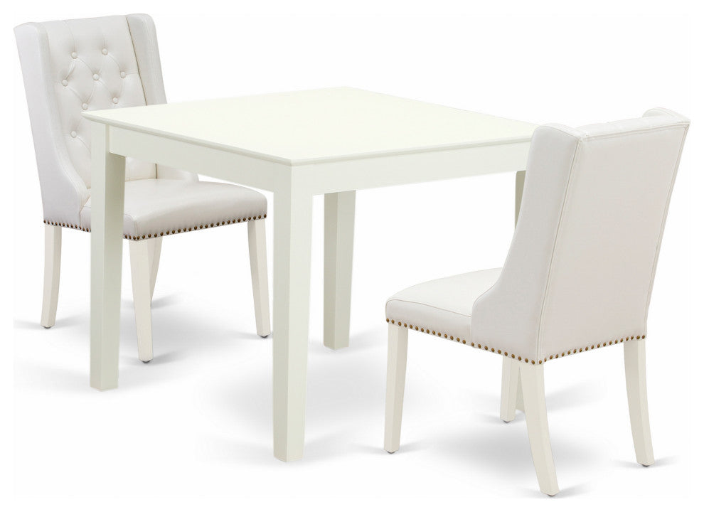 3Pc Dining Set, 1 Table, 2 Light Grey Chairs, Button Tufted Back, Linen White