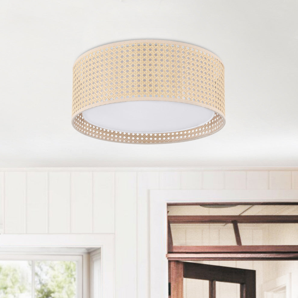 3-Light Rattan Drum Flush Mount Ceiling Light