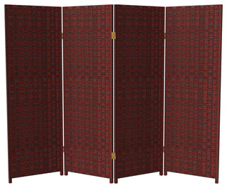 4' Tall Woven Fiber Room Divider, Red/Black, 4 Panel