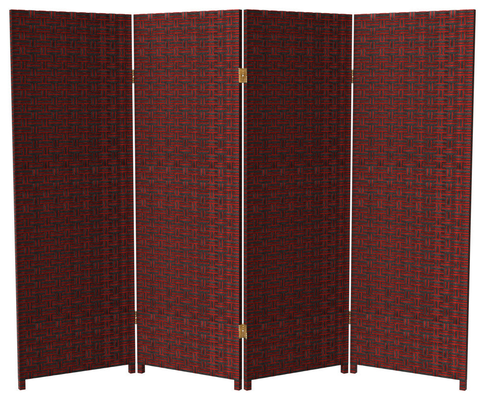 4' Tall Woven Fiber Room Divider, Red/Black, 4 Panel
