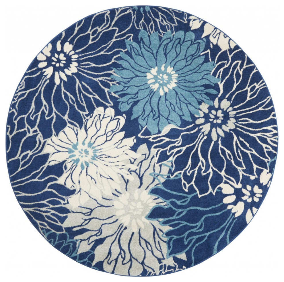 8' Blue And Ivory Round Floral Dhurrie Area Rug