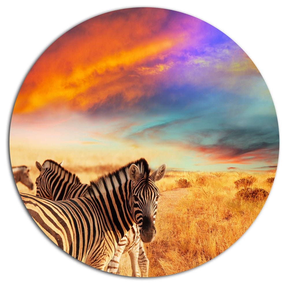 Zebras In Bush Under Colorful Sky, African Disc Metal Wall Art, 23"