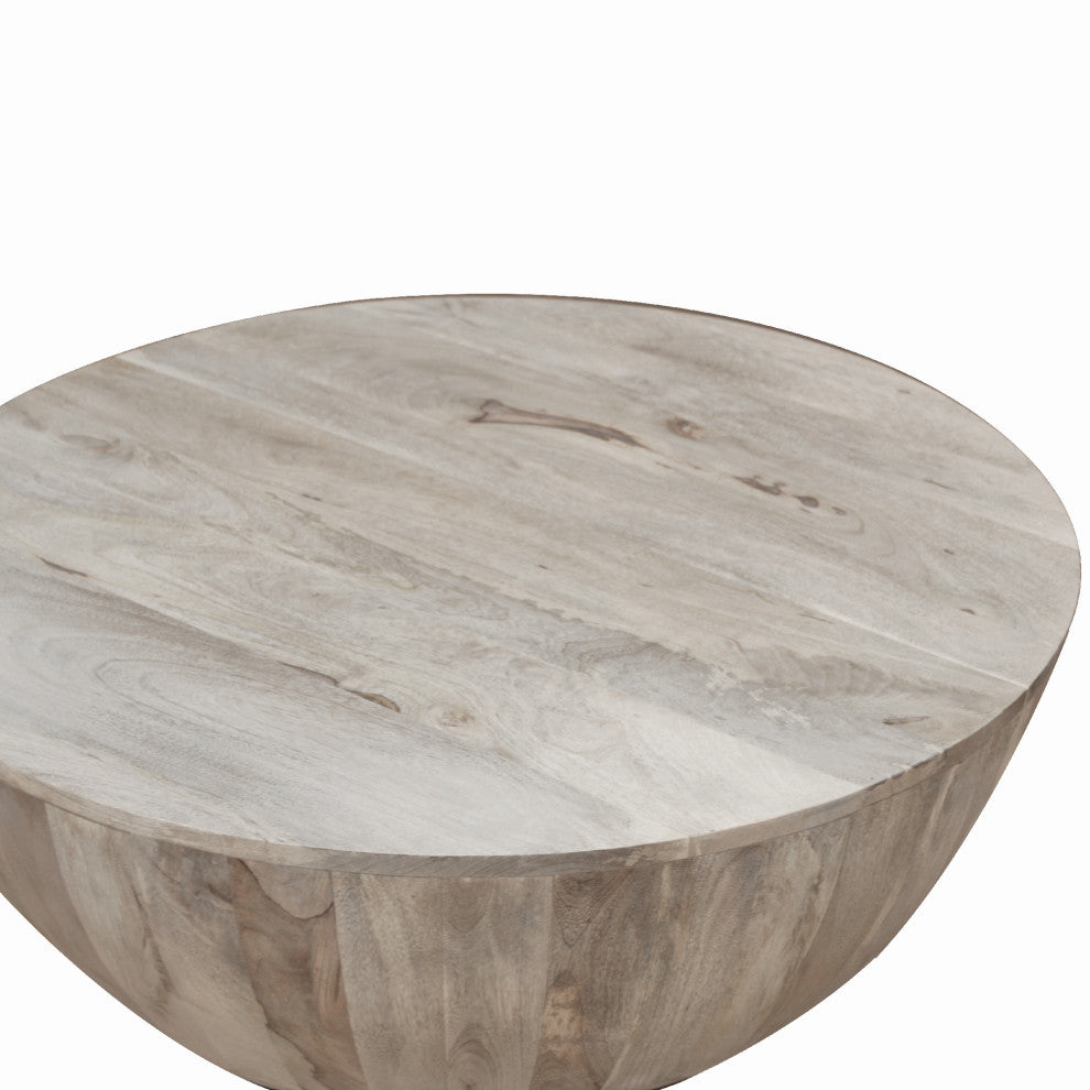 Distressed Mango Wood Coffee Table, Round Shape, Washed Light Brown