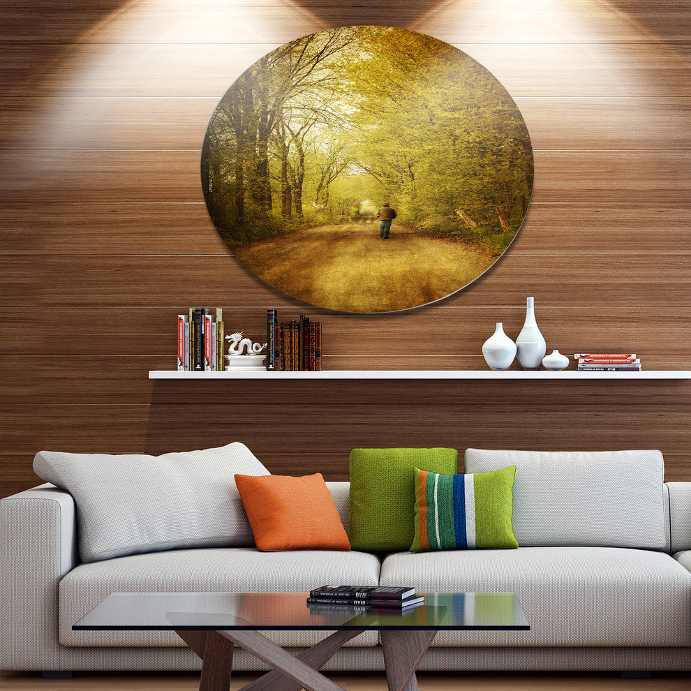 Man Walking Lonely On Rural Road, Landscape Round Wall Art, 11"