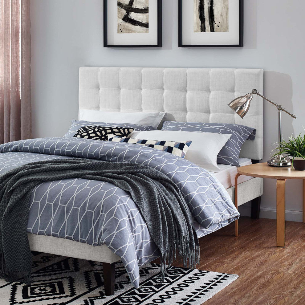 White Paisley Tufted Full / Queen Upholstered Linen Fabric Headboard