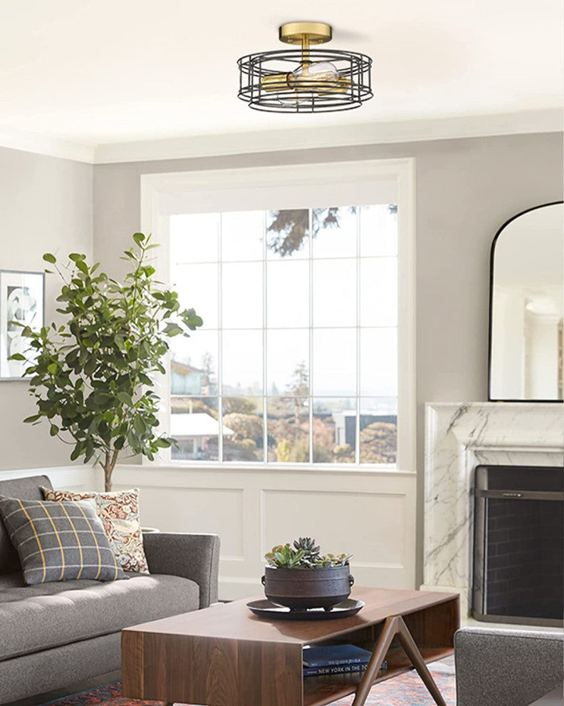2 Light Industrial Ceiling Light Fixture, Black, Semi Flush Mount Ceiling Lamp