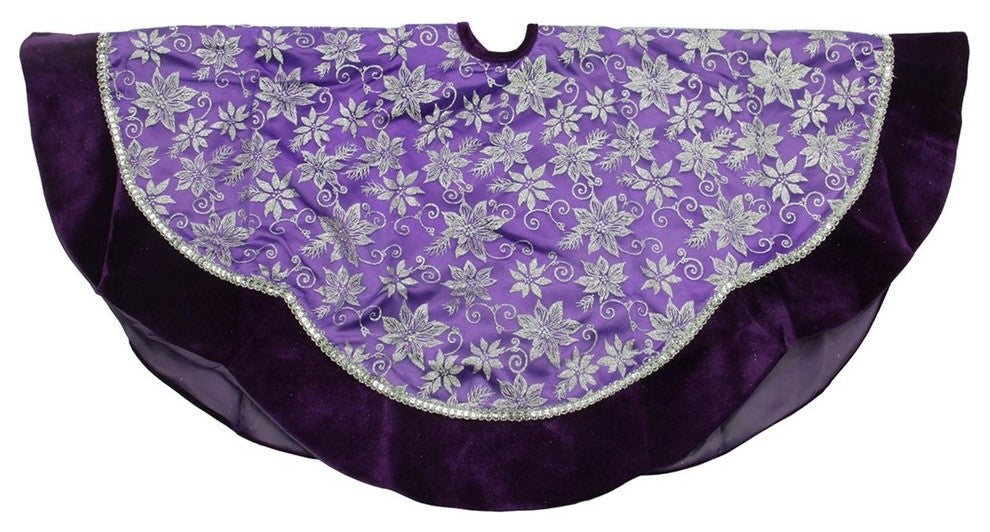 48" Purple and Silver Glittered Floral Christmas Tree Skirt With Velveteen Trim