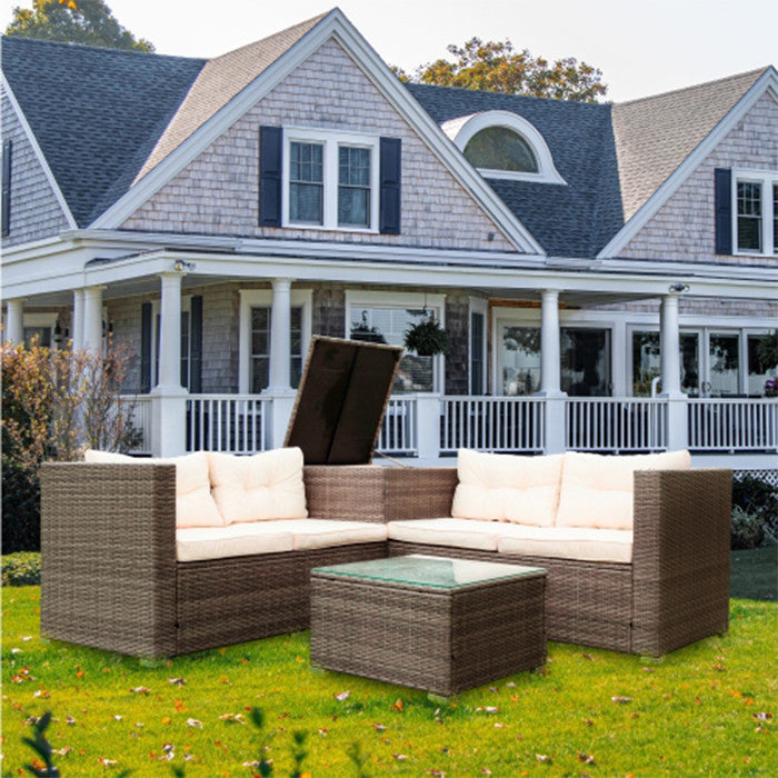 4 Piece Patio Sectional Wicker Rattan Outdoor Sofa Set With Storage Box