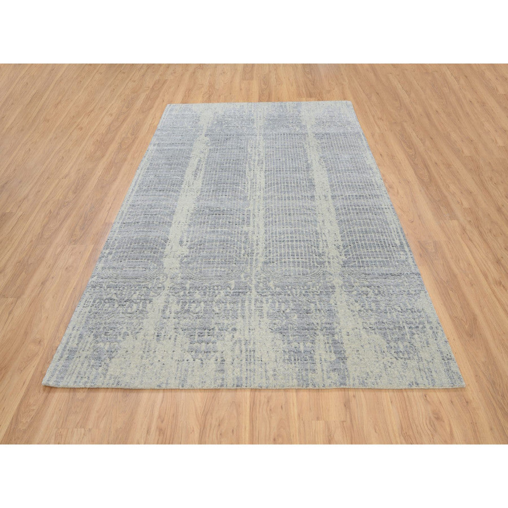 Gray, Jacquard Hand Loomed, Wool and Plant Based Silk, Rug, 6'0" x 9'0"